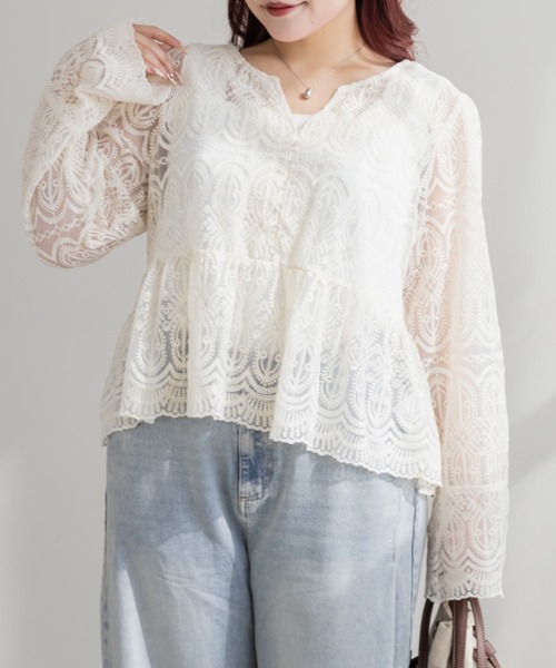 CLETTE(クレット)の「CLETTEオリジナル総レースペプラムブラウス(シャツ/ブラウス・レディース・アイボリー/ブラック・LL/4L/3L)」の3枚目の写真