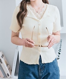 レース レイヤード 半袖 リブ サマーニットトップス
