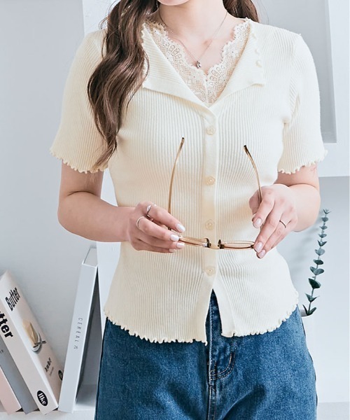 kirakiraShop（キラキラショップ）の「レース レイヤード 半袖 リブ サマーニットトップス（ニット/セーター・レディース・ピンク/ホワイト/アイボリー/ブラック/グレー/ブルー/イエロー・FREE）」の4枚目の写真