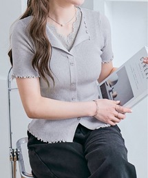 レース レイヤード 半袖 リブ サマーニットトップス