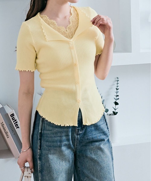 kirakiraShop（キラキラショップ）の「レース レイヤード 半袖 リブ サマーニットトップス（ニット/セーター・レディース・ピンク/ホワイト/アイボリー/ブラック/グレー/ブルー/イエロー・FREE）」の6枚目の写真