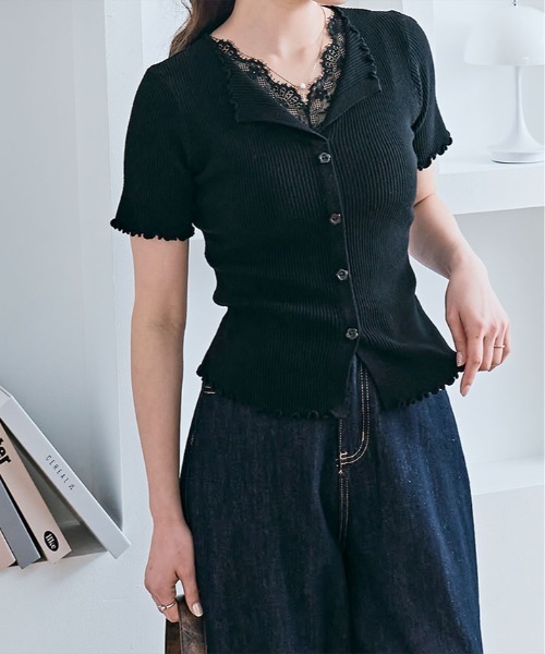 kirakiraShop（キラキラショップ）の「レース レイヤード 半袖 リブ サマーニットトップス（ニット/セーター・レディース・ピンク/ホワイト/アイボリー/ブラック/グレー/ブルー/イエロー・FREE）」の20枚目の写真