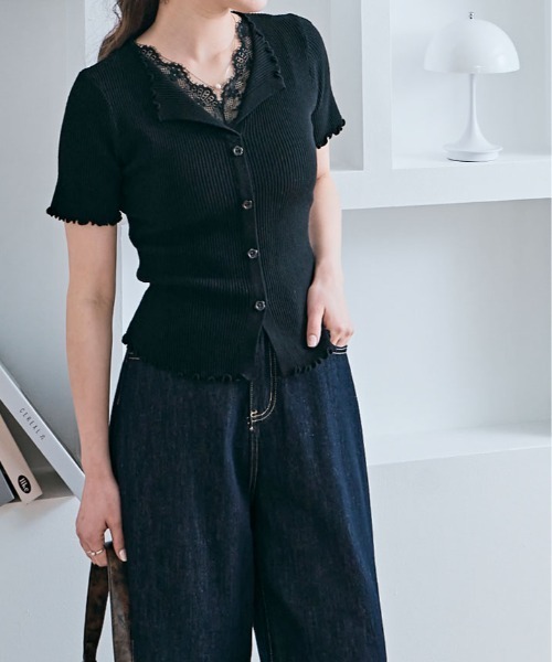kirakiraShop（キラキラショップ）の「レース レイヤード 半袖 リブ サマーニットトップス（ニット/セーター・レディース・ピンク/ホワイト/アイボリー/ブラック/グレー/ブルー/イエロー・FREE）」の22枚目の写真