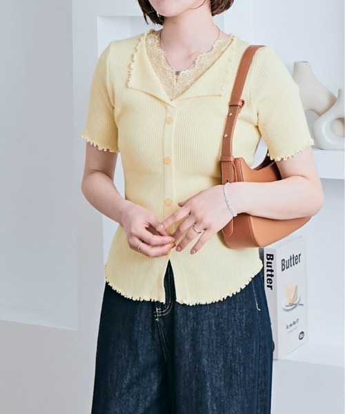 kirakiraShop（キラキラショップ）の「レース レイヤード 半袖 リブ サマーニットトップス（ニット/セーター・レディース・ピンク/ホワイト/アイボリー/ブラック/グレー/ブルー/イエロー・FREE）」の10枚目の写真