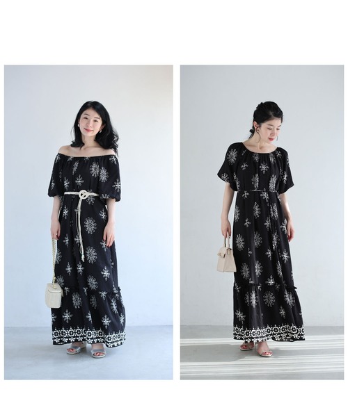 cawaii(カワイイ)の「(黒)オフショルダーにも。花刺繍風プリントのロングワンピース(ベルト付き)(ワンピース・レディース・ブラック・FREE)」の6枚目の写真