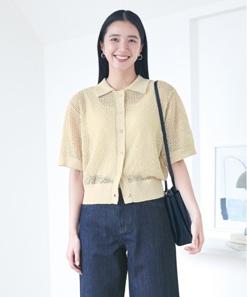 Right-on(ライトオン)の「HONEYSUCKLE ROSE(ハニーサックルローズ)メッシュ編みポロセーター(ニット/セーター・レディース・ブラック/キナリ/ブラウン・L/M)」の1枚目の写真