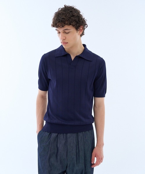 ESTNATION（エストネーション）の「ESTNATION / ウォッシャブルシルク スキッパーニット（ニット/セーター・メンズ・ネイビー/ブラック・MEDIUM/LARGE/X-LARGE）」の9枚目の写真