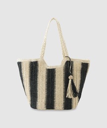 【Idnes / イドネス】 ストライプ編みタッセル付きトートバッグ