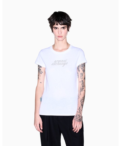ARMANI EXCHANGE(アルマーニエクスチェンジ)の「【A|X アルマーニ エクスチェンジ】スタッツロゴ 半袖クルーネックTシャツ/SLIM(Tシャツ/カットソー・レディース・ブラック/ホワイト/ライトベージュ・SMALL/MEDIUM/LARGE/X-SMALL/X-LARGE)」の2枚目の写真