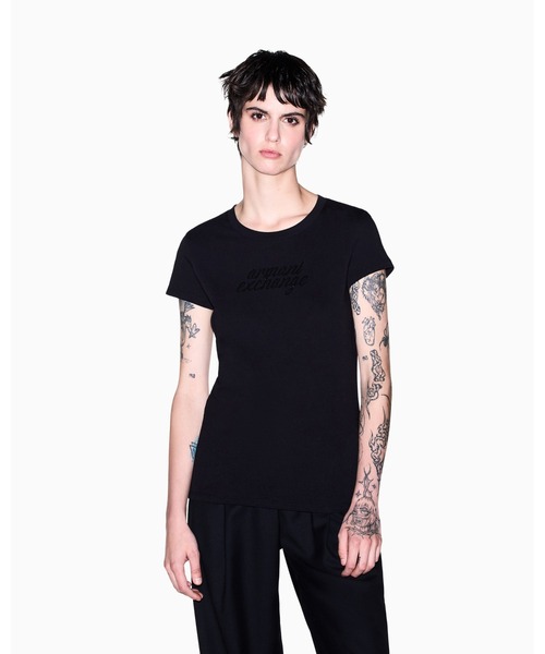 ARMANI EXCHANGE(アルマーニエクスチェンジ)の「【A|X アルマーニ エクスチェンジ】スタッツロゴ 半袖クルーネックTシャツ/SLIM(Tシャツ/カットソー・レディース・ブラック/ホワイト/ライトベージュ・SMALL/MEDIUM/LARGE/X-SMALL/X-LARGE)」の1枚目の写真