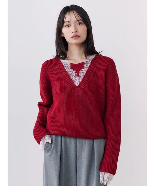 TONAL(トーナル)の「レースドッキングVネックニット(ニット/セーター・レディース・ネイビー/アイボリー/レッド/グレー・MEDIUM)」の4枚目の写真