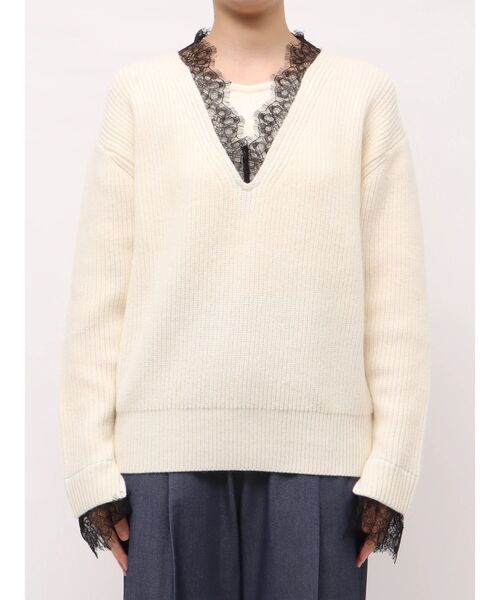 TONAL(トーナル)の「レースドッキングVネックニット(ニット/セーター・レディース・ネイビー/アイボリー/レッド/グレー・MEDIUM)」の12枚目の写真