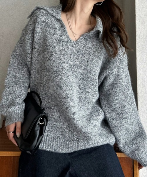 Eclat one（エクラワン）の「【Eclat one】ビッグカラー スキッパー ニット プルオーバー（ニット/セーター・レディース・グレー/ブラウン/アイボリー・FREE）」の2枚目の写真