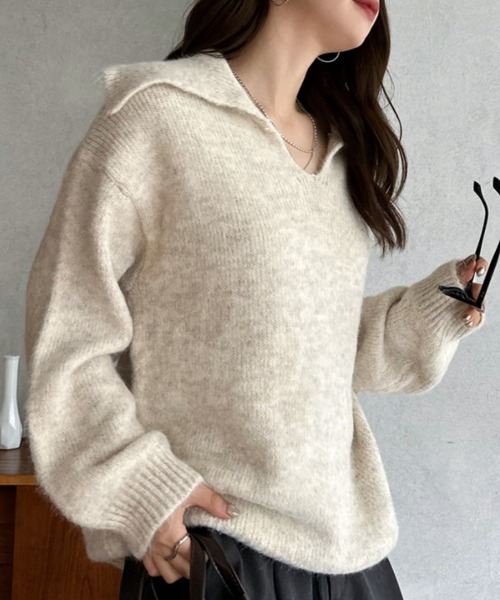 Eclat one（エクラワン）の「【Eclat one】ビッグカラー スキッパー ニット プルオーバー（ニット/セーター・レディース・グレー/ブラウン/アイボリー・FREE）」の4枚目の写真