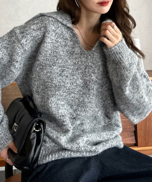 Eclat one（エクラワン）の「【Eclat one】ビッグカラー スキッパー ニット プルオーバー（ニット/セーター・レディース・グレー/ブラウン/アイボリー・FREE）」の10枚目の写真