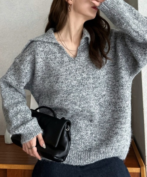 Eclat one（エクラワン）の「【Eclat one】ビッグカラー スキッパー ニット プルオーバー（ニット/セーター・レディース・グレー/ブラウン/アイボリー・FREE）」の11枚目の写真