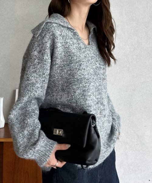 Eclat one（エクラワン）の「【Eclat one】ビッグカラー スキッパー ニット プルオーバー（ニット/セーター・レディース・グレー/ブラウン/アイボリー・FREE）」の13枚目の写真