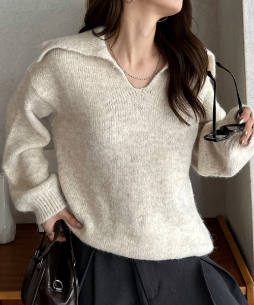 Eclat one（エクラワン）の「【Eclat one】ビッグカラー スキッパー ニット プルオーバー（ニット/セーター・レディース・グレー/ブラウン/アイボリー・FREE）」の7枚目の写真