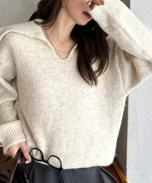 Eclat one（エクラワン）の「【Eclat one】ビッグカラー スキッパー ニット プルオーバー（ニット/セーター・レディース・グレー/ブラウン/アイボリー・FREE）」の8枚目の写真