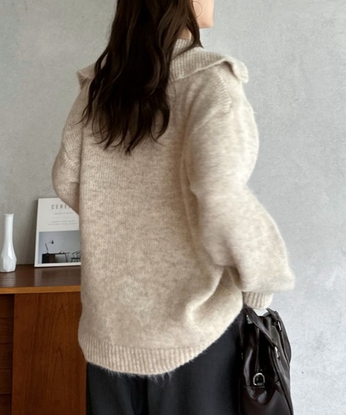 Eclat one（エクラワン）の「【Eclat one】ビッグカラー スキッパー ニット プルオーバー（ニット/セーター・レディース・グレー/ブラウン/アイボリー・FREE）」の5枚目の写真
