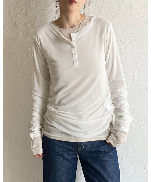 She's Closet(シーズクローゼット)の「配色バイカラー レイヤード ヘンリーネック シアートップス ロンT 2枚セット(Tシャツ/カットソー・レディース・ネイビー/ブラウン/ブラック/アイボリー・FREE)」の22枚目の写真