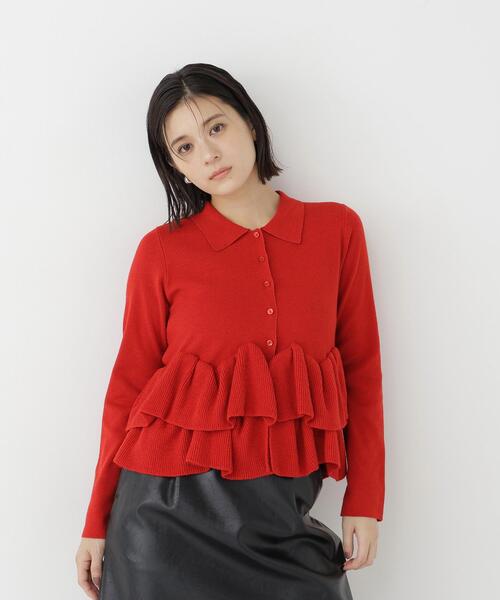 NATURAL BEAUTY BASIC（ナチュラルビューティーベーシック）の「襟付ティアードニットカーディガン（カーディガン/ボレロ・レディース・レッド/ネイビー/グレー・FREE）」の3枚目の写真
