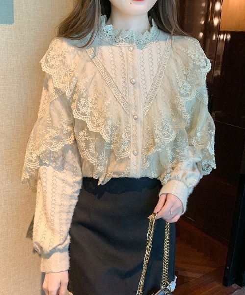 LUCPY(ラクピー)の「スタンドカラー フリルレースブラウス(シャツ/ブラウス・レディース・アイボリー/ホワイト・X-LARGE/SMALL/MEDIUM/LARGE)」の4枚目の写真