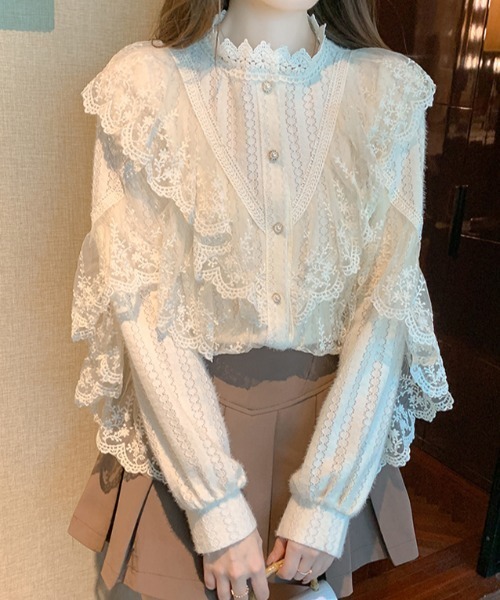 LUCPY(ラクピー)の「スタンドカラー フリルレースブラウス(シャツ/ブラウス・レディース・アイボリー/ホワイト・X-LARGE/SMALL/MEDIUM/LARGE)」の3枚目の写真