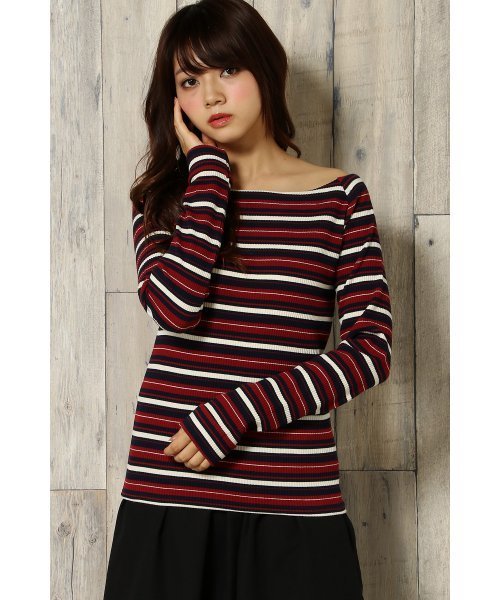 VENCEEXCHANGE（ヴァンスエクスチェンジ）の「マルチボーダーオフショルプルオーバー   （ニット/セーター・レディース・ピンク/ライトブラウン/ブラック/ネイビー・MEDIUM）」の3枚目の写真