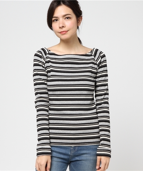 VENCEEXCHANGE（ヴァンスエクスチェンジ）の「マルチボーダーオフショルプルオーバー   （ニット/セーター・レディース・ピンク/ライトブラウン/ブラック/ネイビー・MEDIUM）」の12枚目の写真