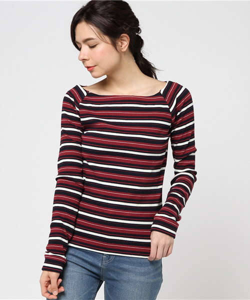 VENCEEXCHANGE（ヴァンスエクスチェンジ）の「マルチボーダーオフショルプルオーバー   （ニット/セーター・レディース・ピンク/ライトブラウン/ブラック/ネイビー・MEDIUM）」の14枚目の写真