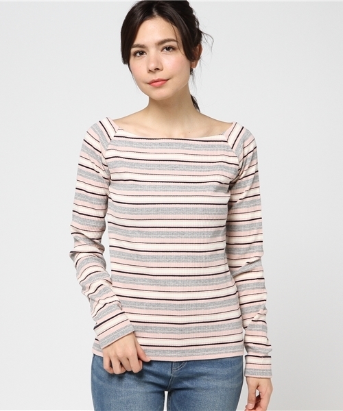 VENCEEXCHANGE（ヴァンスエクスチェンジ）の「マルチボーダーオフショルプルオーバー   （ニット/セーター・レディース・ピンク/ライトブラウン/ブラック/ネイビー・MEDIUM）」の15枚目の写真