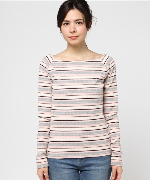 VENCEEXCHANGE（ヴァンスエクスチェンジ）の「マルチボーダーオフショルプルオーバー   （ニット/セーター・レディース・ピンク/ライトブラウン/ブラック/ネイビー・MEDIUM）」の5枚目の写真