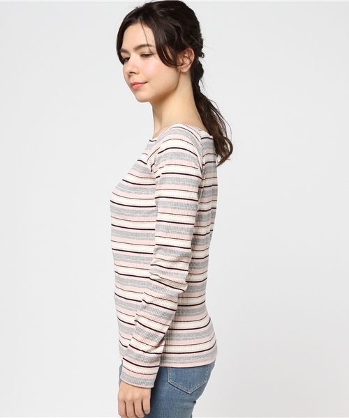 VENCEEXCHANGE（ヴァンスエクスチェンジ）の「マルチボーダーオフショルプルオーバー   （ニット/セーター・レディース・ピンク/ライトブラウン/ブラック/ネイビー・MEDIUM）」の6枚目の写真