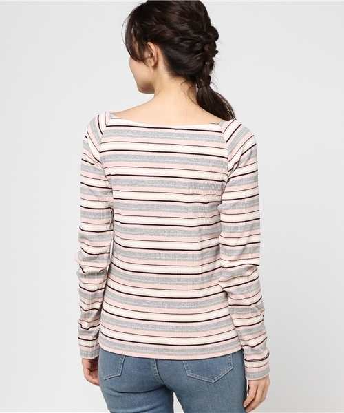 VENCEEXCHANGE（ヴァンスエクスチェンジ）の「マルチボーダーオフショルプルオーバー   （ニット/セーター・レディース・ピンク/ライトブラウン/ブラック/ネイビー・MEDIUM）」の7枚目の写真