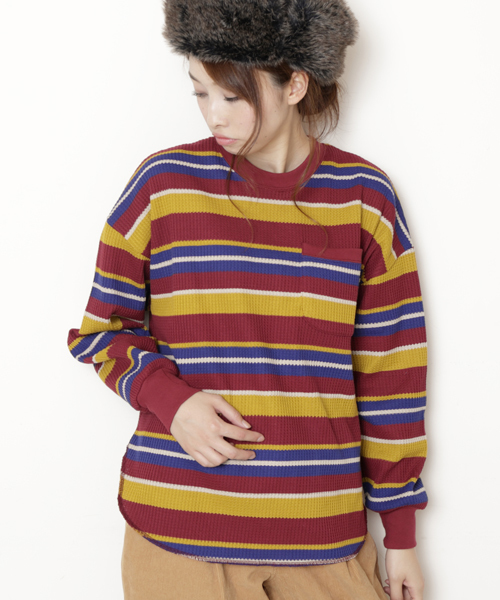DOUBLE NAME（ダブルネーム）の「長袖ワッフルレトロボーダープルオーバー（Tシャツ/カットソー・レディース・ブラック/ネイビー/オフホワイト/グリーン/ワイン・FREE）」の5枚目の写真