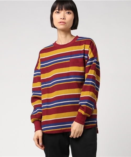 DOUBLE NAME（ダブルネーム）の「長袖ワッフルレトロボーダープルオーバー（Tシャツ/カットソー・レディース・ブラック/ネイビー/オフホワイト/グリーン/ワイン・FREE）」の14枚目の写真