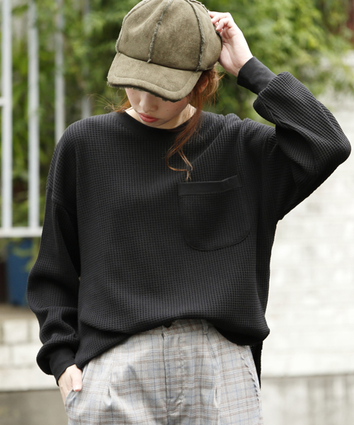 DOUBLE NAME（ダブルネーム）の「長袖ワッフルレトロボーダープルオーバー（Tシャツ/カットソー・レディース・ブラック/ネイビー/オフホワイト/グリーン/ワイン・FREE）」の15枚目の写真