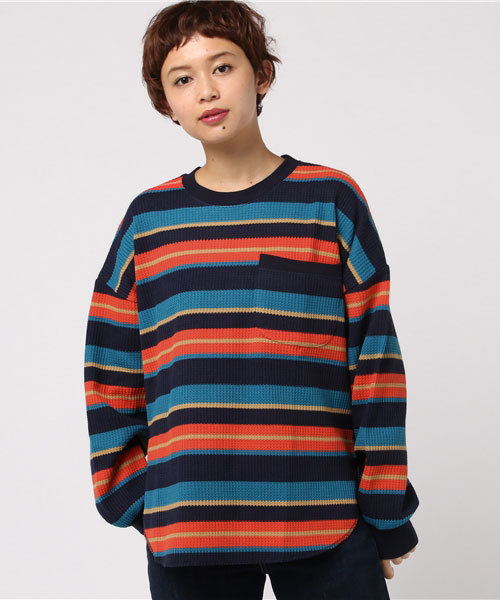 DOUBLE NAME（ダブルネーム）の「長袖ワッフルレトロボーダープルオーバー（Tシャツ/カットソー・レディース・ブラック/ネイビー/オフホワイト/グリーン/ワイン・FREE）」の4枚目の写真
