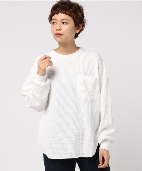 DOUBLE NAME（ダブルネーム）の「長袖ワッフルレトロボーダープルオーバー（Tシャツ/カットソー・レディース・ブラック/ネイビー/オフホワイト/グリーン/ワイン・FREE）」の2枚目の写真