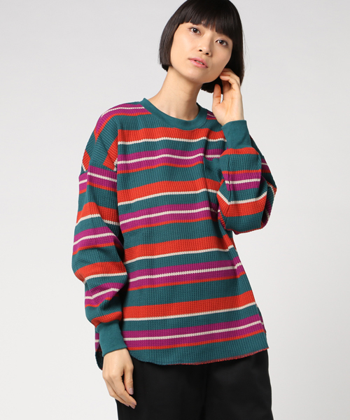 DOUBLE NAME（ダブルネーム）の「長袖ワッフルレトロボーダープルオーバー（Tシャツ/カットソー・レディース・ブラック/ネイビー/オフホワイト/グリーン/ワイン・FREE）」の3枚目の写真