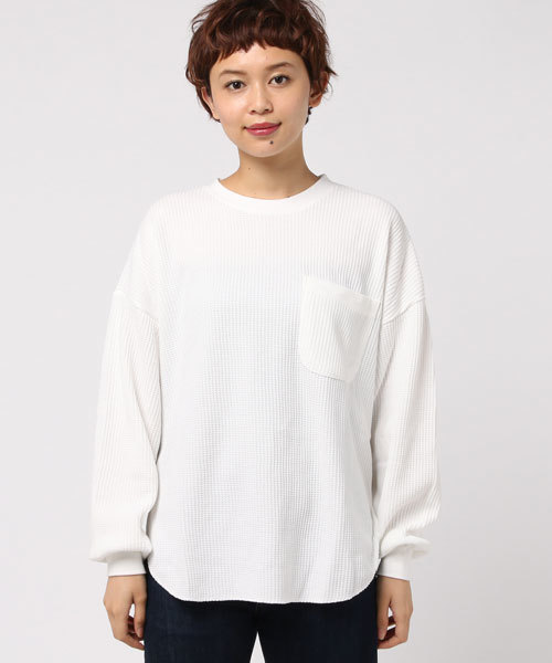 DOUBLE NAME（ダブルネーム）の「長袖ワッフルレトロボーダープルオーバー（Tシャツ/カットソー・レディース・ブラック/ネイビー/オフホワイト/グリーン/ワイン・FREE）」の9枚目の写真