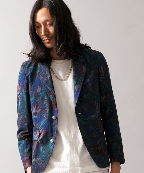 MONKEY TIME(モンキータイム)の「MT∴ ダークトロピカル プリント 3B ブレザー◆(テーラードジャケット・メンズ・ブラック/ネイビー・MEDIUM/SMALL/LARGE)」の2枚目の写真