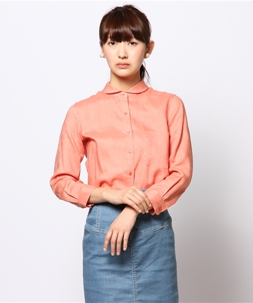 ELFORBR(エルフォーブル)の「リネンワッシャーちびシャツ(シャツ/ブラウス・レディース・ホワイト/サックスブルー/サーモンピンク・38)」の1枚目の写真