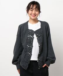 TSUHARU サマンサモスモス かぎ針お花モチーフ付きニットカーディガン かぎ針お花モチーフ付きニットカーディガン（グレー