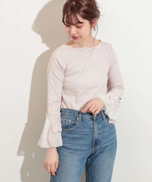 natural couture（ナチュラルクチュール）の「袖口シフォンひらりテレコメローT（Tシャツ/カットソー・レディース・ブラック/サックスブルー/アイボリー/ミント/ピンクベージュ・FREE）」の2枚目の写真