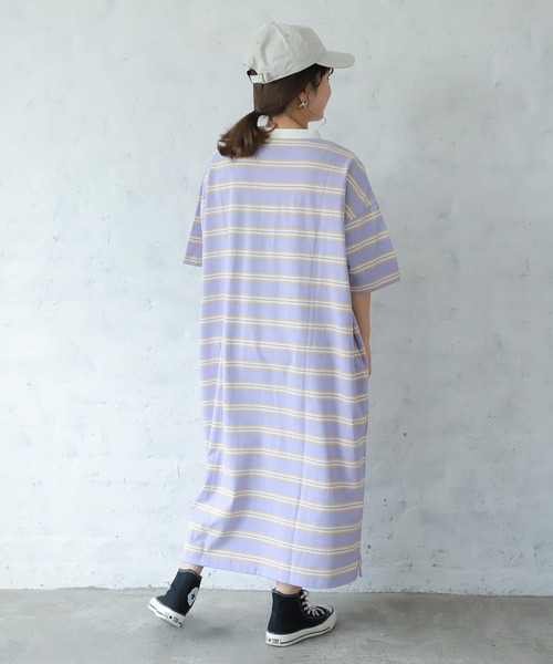 studio CLIP(スタディオクリップ)の「【低身長向けアイテム/WEB限定】ボーダーラガーワンピース(ワンピース・レディース・ブルー/ラベンダー・FREE)」の4枚目の写真