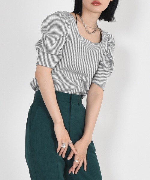 w closet（ダブルクローゼット）の「細ボーダーボリューム袖テレコプルオーバー（Tシャツ/カットソー・レディース・ホワイト×ブラック/ピンク系その他/サックスブルー/ライトパープル/ブラウン・FREE）」の2枚目の写真