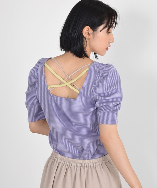 w closet（ダブルクローゼット）の「細ボーダーボリューム袖テレコプルオーバー（Tシャツ/カットソー・レディース・ホワイト×ブラック/ピンク系その他/サックスブルー/ライトパープル/ブラウン・FREE）」の4枚目の写真