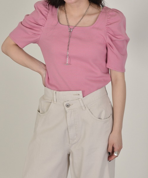 w closet（ダブルクローゼット）の「細ボーダーボリューム袖テレコプルオーバー（Tシャツ/カットソー・レディース・ホワイト×ブラック/ピンク系その他/サックスブルー/ライトパープル/ブラウン・FREE）」の5枚目の写真